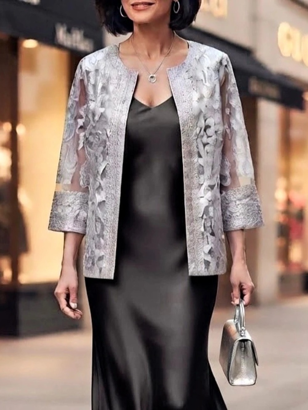 VINTAGE 90s Size L Alex Evenings Sheer Silver Floral Brocade Embroidered Jacket